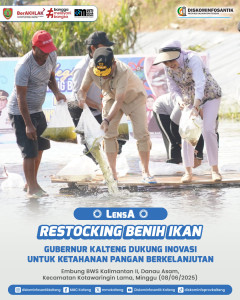 Gubernur Kalimantan Tengah melakukan peninjauan kegiatan restocking benih ikan di Embung BWS Kalimantan II, Danau Asam, Kecamatan Kotawaringin Lama, pada Minggu (08/06/2025)