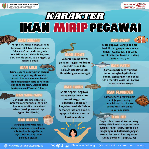 Gambar Hai Sobat Dislutkan! Tahukah kamu? Karakter ikan ternyata mirip dengan karakter pegawai, lho! Ada yang rajin rapi slow seperti ikan sapu-sapu, ada yang ekstrovert seperti ikan badut dan ada juga yang seperti ikan sidat yang doyan jalan jauh.