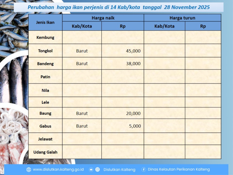 Gambar Info harga ikan tanggal 28 November 2025 dengan perubahan harga ikan di Kabupaten Barito Utara.