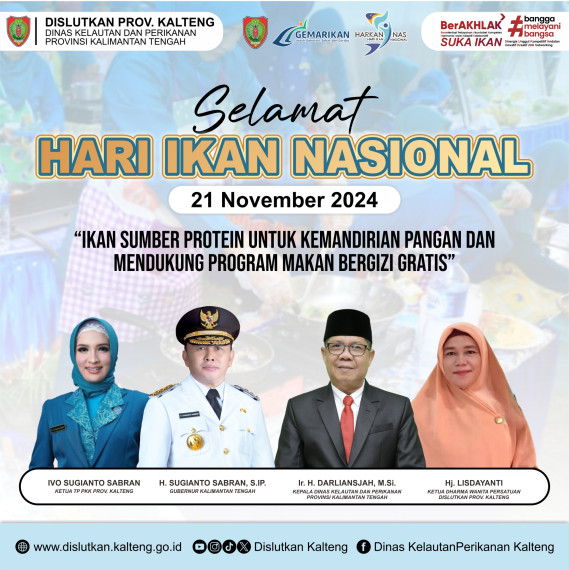 Gambar Selamat Hari Ikan Nasional (Harkannas) Ke-11  "Ikan – Sumber Protein untuk Kemandirian Pangan dan Mendukung Program Makan Bergizi Gratis"  Makan Ikan, Hidup Sehat, Menuju Indonesia Emas 2045!