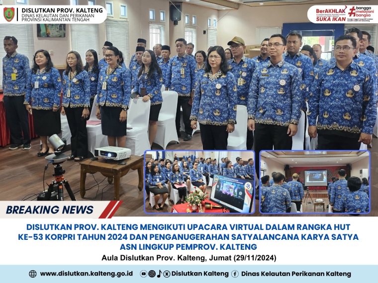 Gambar Dislutkan Prov. Kalteng mengikuti Upacara Virtual dalam Rangka HUT ke-53 KORPRI Tahun 2024 dan Penganugerahan Satyalancana Karya Satya ASN Lingkup Pemprov. Kalteng bertempat di Aula Dislutkan Prov. Kalteng, Jumat (29/11/2024)