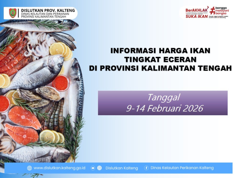 Gambar Informasi harga ikan tanggal 9-14 Februari 2026 dengan perubahan harga ikan di Kabupaten Kotawaringin Timur dan Barito Utara.