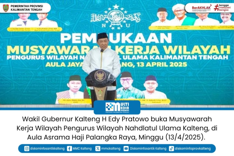 Gambar Wakil Gubernur (Wagub) Kalteng H Edy Pratowo buka Musyawarah Kerja Wilayah (Muskerwil) Pengurus Wilayah Nahdlatul Ulama (PWNU) Kalteng, di Aula Asrama Haji Palangka Raya, Minggu (13/4/2025).