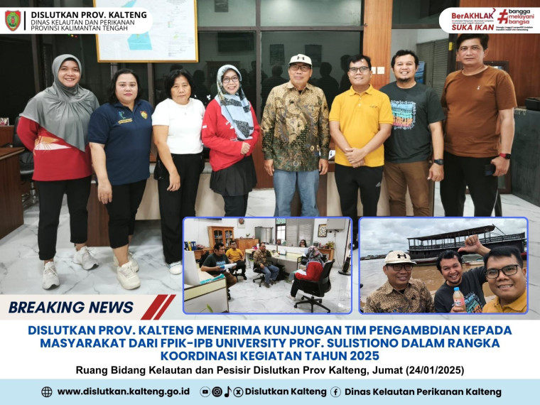 Gambar Dislutkan Prov. Kalteng Menerima Kunjungan Tim Pengabdian Kepada Masyarakat dari FPIK-IPB University Prov. Sulistiono dalam Rangka Koordinasi Kegiatan Tahun 2025 bertempat di ruang Bidang Kelautan dan Pesisir Dislutkan Prov. Kalteng, Jumat (24/01/2025)