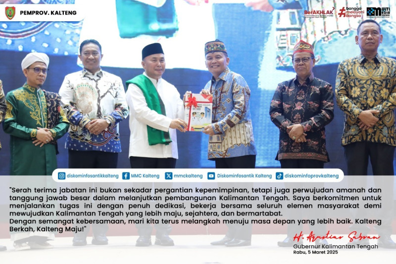 Gambar Pergantian kepemimpinan adalah amanah besar untuk melanjutkan pembangunan Kalimantan Tengah. Dengan semangat kebersamaan, mari bersama wujudkan Kalteng yang lebih maju, sejahtera, dan bermartabat. Kalteng Berkah, Kalteng Maju!