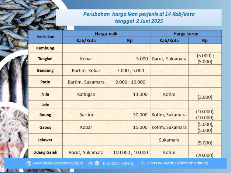Gambar Info harga ikan pada tanggal 2 Juni 2025 dengan perubahan harga ikan terjadi di Kabupaten Barito Utara, Sukamara, Kotawaringin Barat, Barito Timur, Katingan dan Kotawaringin Timur.