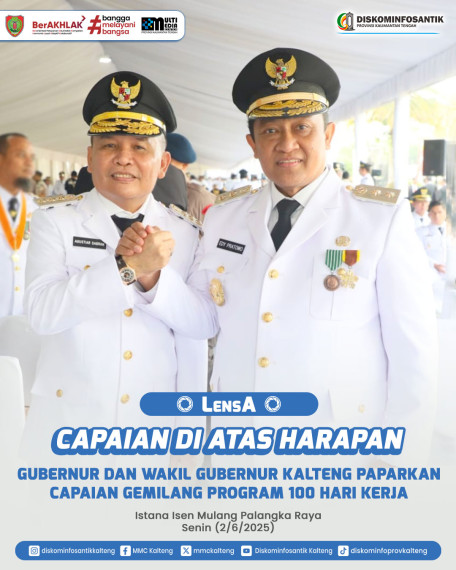 Gambar Gubernur Kalimantan Tengah H. Agustiar Sabran bersama Wakil Gubernur H. Edy Pratowo secara resmi memaparkan capaian gemilang Program 100 Hari Kerja di Istana Isen Mulang Palangka Raya pada Senin, (2/6/2025).