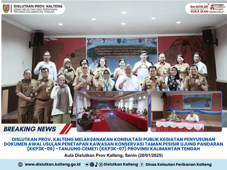 Gambar Dislutkan Prov. Kalteng melaksanakan Konsultasi Publik Kegiatan Penyusunan Dokumen Awal Usulan Penetapan Kawasan Konservasi Taman Pesisir Ujung Pandaran (KKP3K-06) - Tanjung Cemeti (KKP3K-07) Prov. Kalteng,  Senin(20/1/2025).