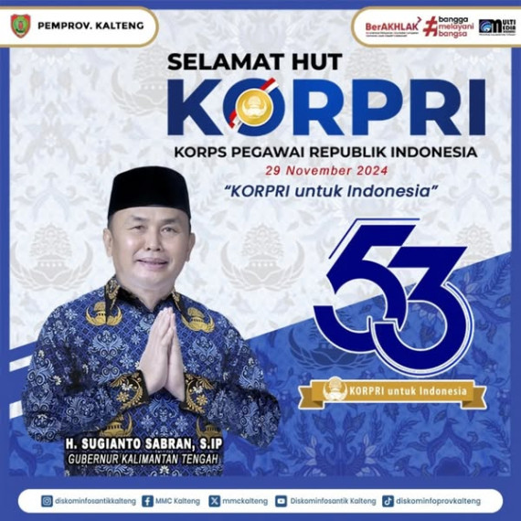 Gambar Selamat HUT ke-53 KORPRI 29 November 2024 Korps Pegawai Republik Indonesia terus berkomitmen untuk melayani, menginspirasi, dan berkontribusi bagi kemajuan bangsa. Dengan tema "KORPRI untuk Indonesia", mari bersama kita wujudkan pelayanan yang lebih baik