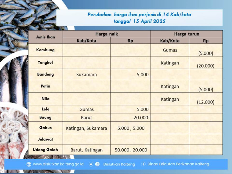 Gambar Info harga ikan tanggal 15 April 2025 dengan perubahan harga ikan terjadi di Kabupaten Katingan, Gunung Mas, Sukamara, Barito Utara