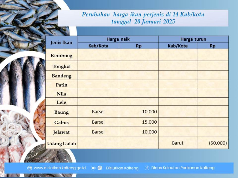 Gambar Info harga ikan tanggal 20 Januari 2025 dengan perubahan harga ikan terjadi di Kab.Barito Selatan dan Barito Utara.