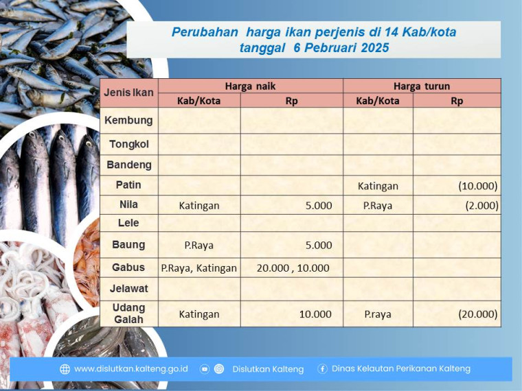 Gambar Informasi harga ikan tanggal 6 Februari 2025 dengan perubahan harga ikan terjadi di Kabupaten Kapuas, Kotawaringin Timur dan Barito Utara