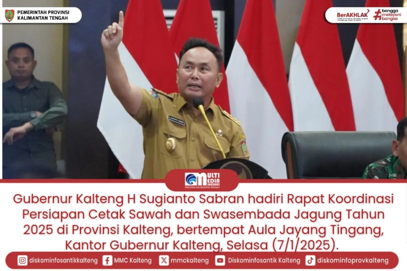 Gambar Gubernur Kalteng H Sugianto Sabran hadiri Rapat Koordinasi (Rakor) Persiapan Cetak Sawah dan Swasembada Jagung Tahun 2025 di Provinsi Kalteng, bertempat Aula Jayang Tingang, Kantor Gubernur Kalteng, Selasa (7/1/2025).