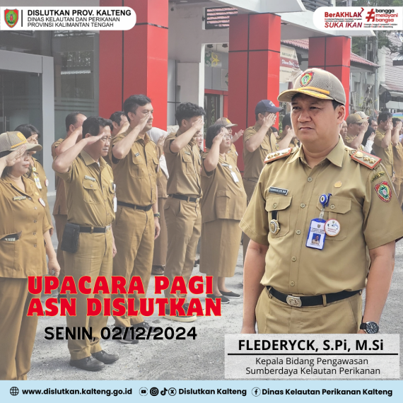 Gambar Upacara bendera pagi, Senin (02/12/2024), dilaksanakan rutin setiap awal bulan bertempat di halaman kantor Dislutkan Prov. Kalteng dan diikuti oleh seluruh ASN Dislutkan dengan Pembina Apel dipimpin oleh Kepala Bidang Pengawasan Sumberdaya Kelautan dan Pe