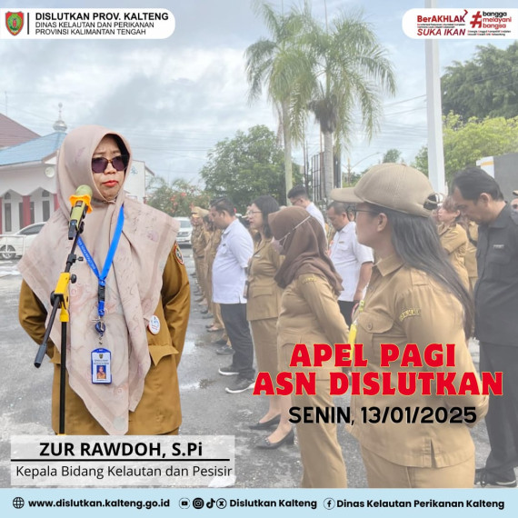 Gambar Apel pagi dilaksanakan rutin di halaman kantor Dislutkan Prov. Kalteng, diikuti oleh seluruh ASN Dislutkan dengan Pembina Kepala Bidang Kelautan dan Pesisir Zur Rawdoh, S.Pi, Senin (13/01/2025)