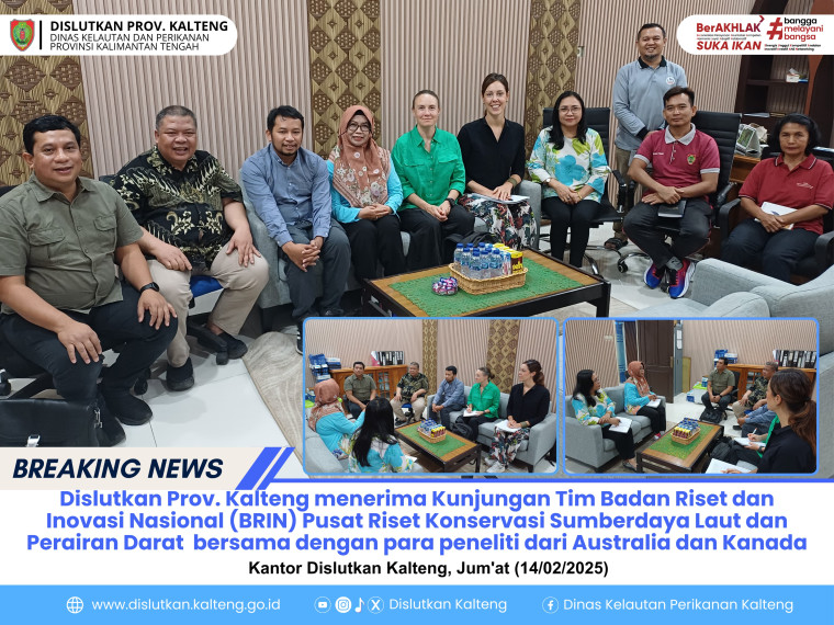 Gambar Plh. Kepala Dislutkan Prov. Kalteng Nita Fera, S.Pi, M.Si di dampingi Kabid Kelautan dan Pesisir dan Kabid Budlahsar hari ini menerima kunjungan Tim dari Badan Riset dan Inovasi Nasional (BRIN), Pusat Riset Konservasi Sumber Daya Laut dan Perairan Darat,