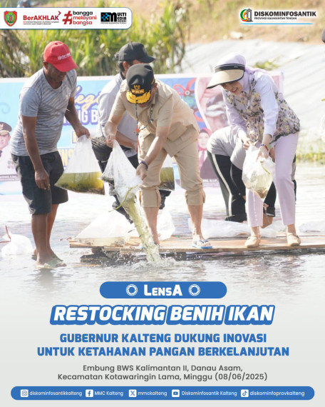 Gambar Gubernur Kalimantan Tengah melakukan peninjauan kegiatan restocking benih ikan di Embung BWS Kalimantan II, Danau Asam, Kecamatan Kotawaringin Lama, pada Minggu (08/06/2025)