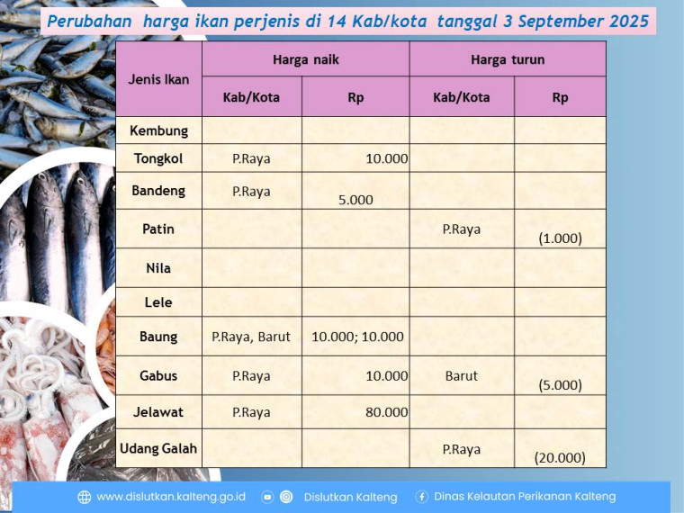 Gambar Info harga ikan tanggal 3 september 2025 dengan perubahan harga ikan terjadi di Kabupaten Barito Utara dengan Kota Palangka Raya.