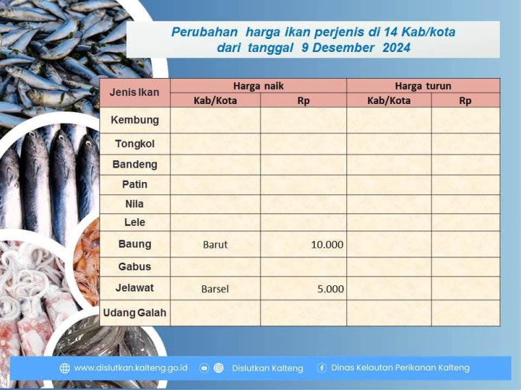 Gambar Informasi harga ikan tanggal 9 Desember 2024 dengan perubahan harga ikan terjadi di kab.Barito Utara dan Barito Selatan.