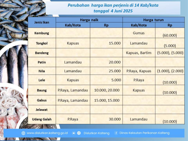 Gambar Info harga ikan tanggal 4 Juni 2025 dengan perubahan harga ikan terjadi di Kabupaten Lamandau, Barito Timur, Kapuas, Gunung Mas dan Kota Palangka Raya.