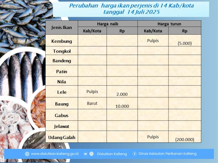 Gambar Info harga ikan tanggal 14 Juli 2025 dengan perubahan harga ikan di Kabupaten Barito Utara dan Pulang Pisau.